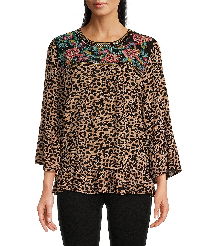 Calessa Embroidered Mini Animal Print Crew Neckline Short Sleeve Top