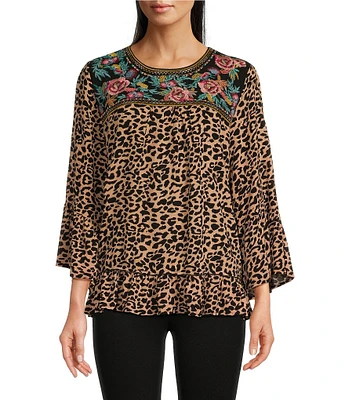 Calessa Embroidered Mini Animal Print Crew Neckline Short Sleeve Top