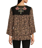 Calessa Embroidered Mini Animal Print Crew Neckline Short Sleeve Top