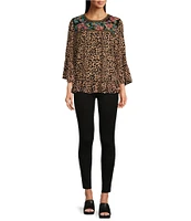 Calessa Embroidered Mini Animal Print Crew Neckline Short Sleeve Top