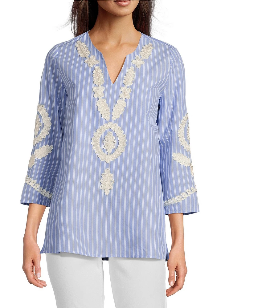 Calessa Embroidered Patchwork Pinstripe Split V-Neck 3/4 Sleeve Tunic