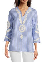 Calessa Embroidered Patchwork Pinstripe Split V-Neck 3/4 Sleeve Tunic