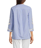 Calessa Embroidered Patchwork Pinstripe Split V-Neck 3/4 Sleeve Tunic