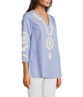 Calessa Embroidered Patchwork Pinstripe Split V-Neck 3/4 Sleeve Tunic