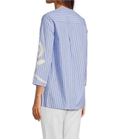 Calessa Embroidered Patchwork Pinstripe Split V-Neck 3/4 Sleeve Tunic
