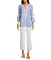 Calessa Embroidered Patchwork Pinstripe Split V-Neck 3/4 Sleeve Tunic