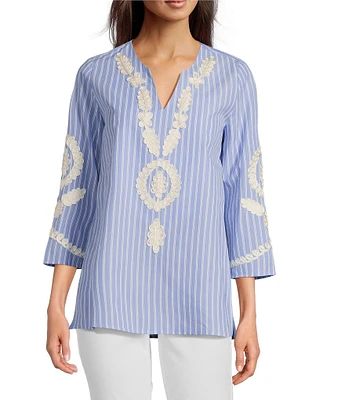 Calessa Embroidered Patchwork Pinstripe Split V-Neck 3/4 Sleeve Tunic