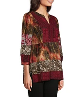 Calessa Embroidered Patchwork Print Split Round Band Collar 3/4 Sleeve Tunic