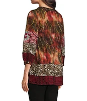 Calessa Embroidered Patchwork Print Split Round Band Collar 3/4 Sleeve Tunic