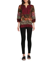 Calessa Embroidered Patchwork Print Split Round Band Collar 3/4 Sleeve Tunic