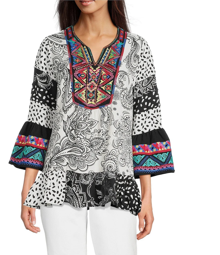 Calessa Embroidered Patchwork Print Split V-Neck 3/4 Sleeve Tunic