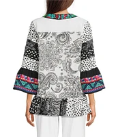 Calessa Embroidered Patchwork Print Split V-Neck 3/4 Sleeve Tunic