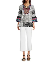 Calessa Embroidered Patchwork Print Split V-Neck 3/4 Sleeve Tunic