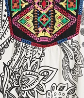 Calessa Embroidered Patchwork Print Split V-Neck 3/4 Sleeve Tunic