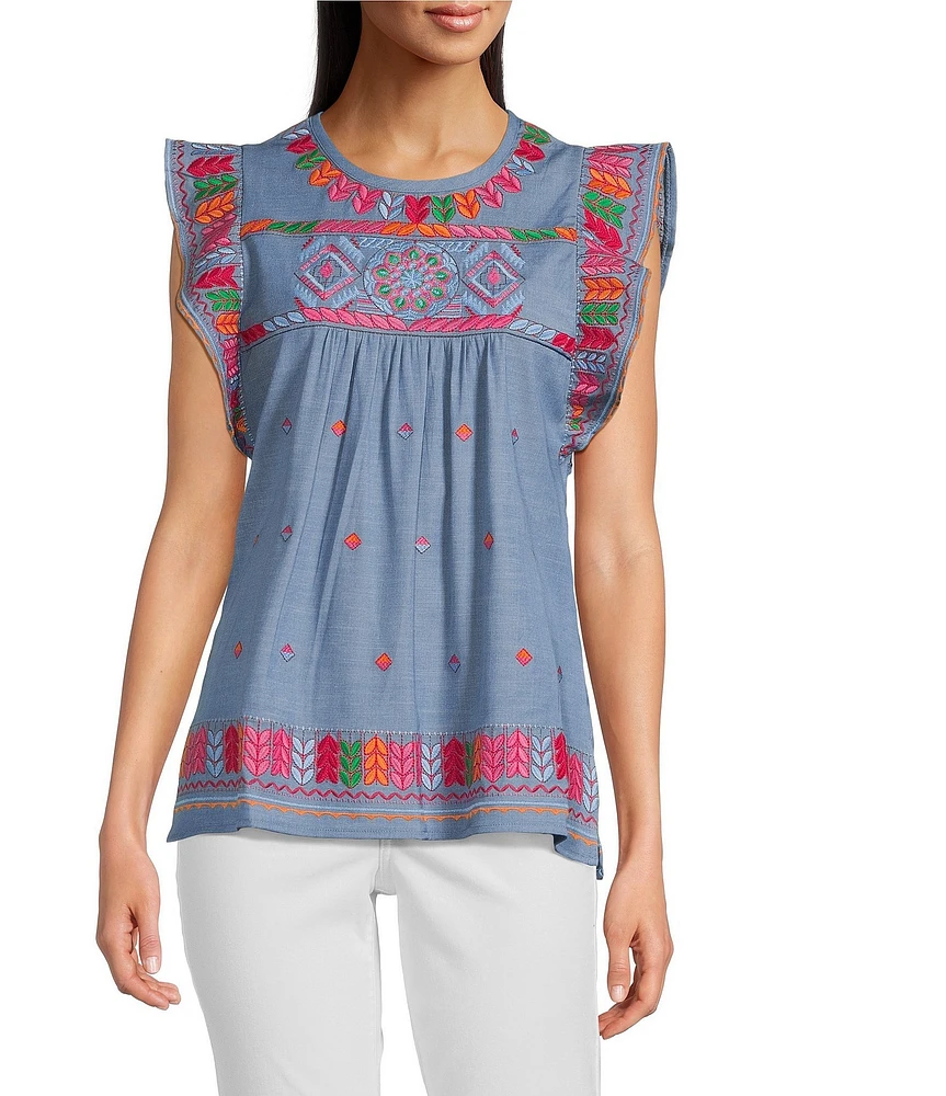 Calessa Embroidered Patchwork Round Neck Ruffled Cap Sleeve Tunic