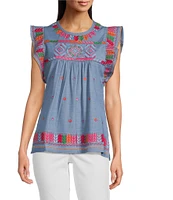 Calessa Embroidered Patchwork Round Neck Ruffled Cap Sleeve Tunic