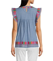 Calessa Embroidered Patchwork Round Neck Ruffled Cap Sleeve Tunic