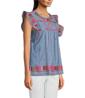 Calessa Embroidered Patchwork Round Neck Ruffled Cap Sleeve Tunic