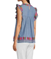 Calessa Embroidered Patchwork Round Neck Ruffled Cap Sleeve Tunic