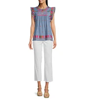 Calessa Embroidered Patchwork Round Neck Ruffled Cap Sleeve Tunic