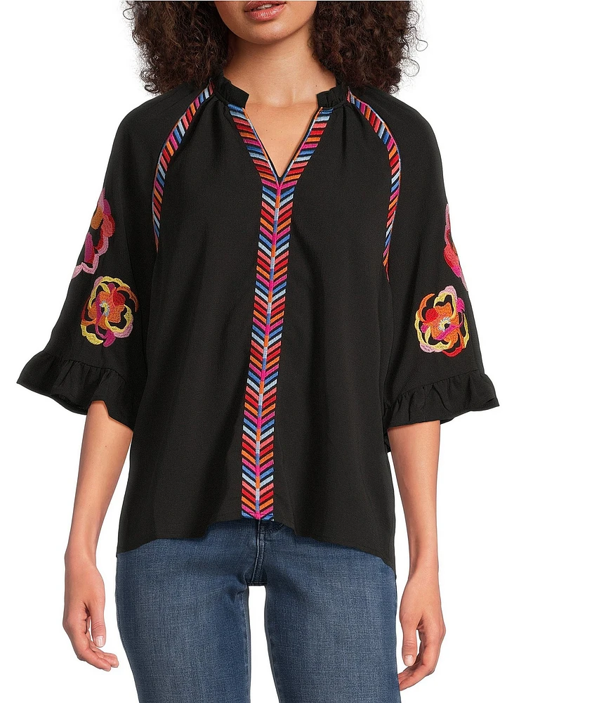 Calessa Embroidered Patchwork Ruffle Split V-Neck 3/4 Sleeve Tunic