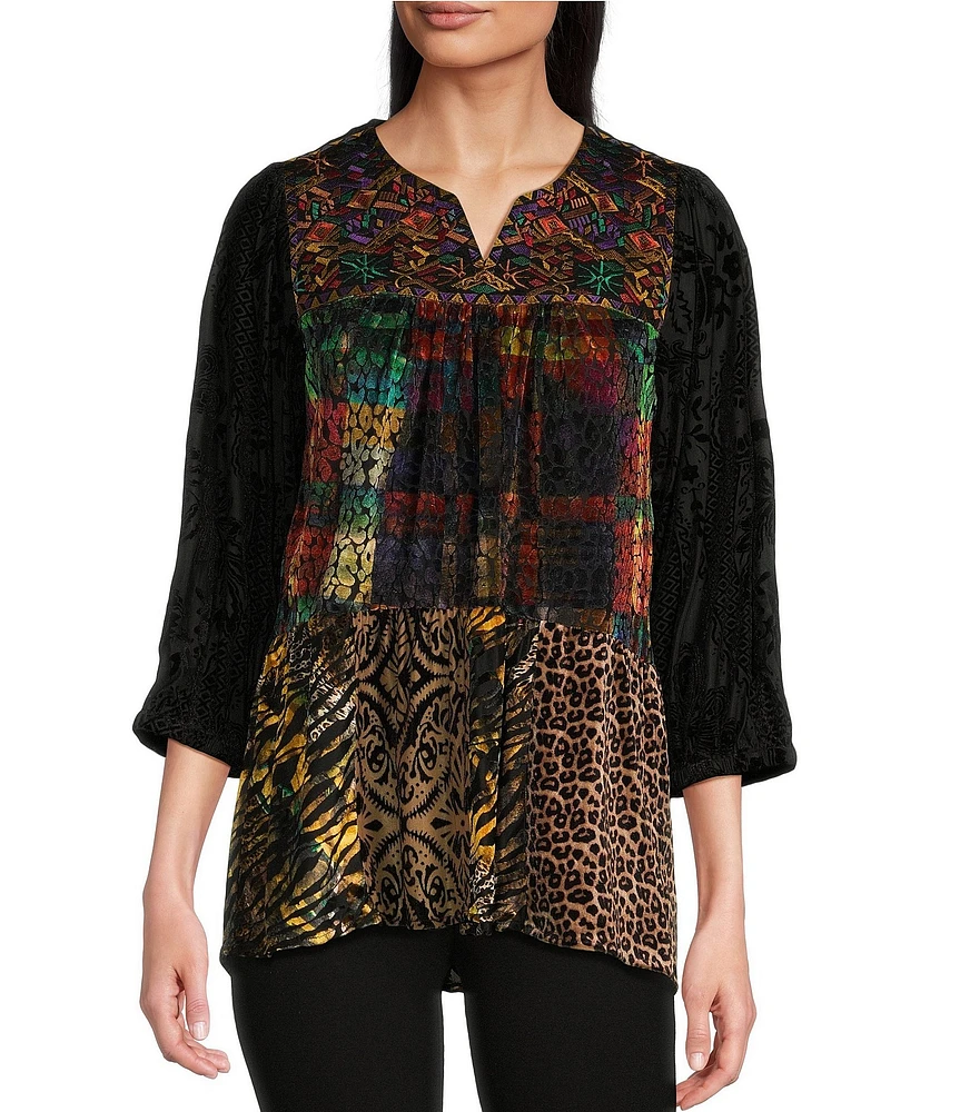 Calessa Embroidered Patchwork Split Round Neck 3/4 Sleeve Velvet Burnout Tunic