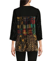 Calessa Embroidered Patchwork Split Round Neck 3/4 Sleeve Velvet Burnout Tunic