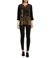 Calessa Embroidered Patchwork Split Round Neck 3/4 Sleeve Velvet Burnout Tunic