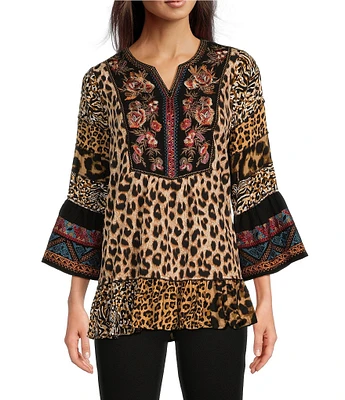 Calessa Embroidered Patchwork Split Round Neckline 3/4 Sleeve Tunic