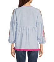 Calessa Embroidered Patchwork Split Round V-Neck 3/4 Sleeve Tunic