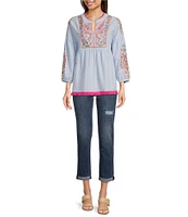 Calessa Embroidered Patchwork Split Round V-Neck 3/4 Sleeve Tunic