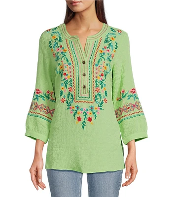 Calessa Embroidered Patchwork Split V-Neck 3/4 Sleeve Tunic