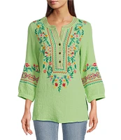 Calessa Embroidered Patchwork Split V-Neck 3/4 Sleeve Tunic