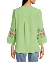 Calessa Embroidered Patchwork Split V-Neck 3/4 Sleeve Tunic