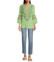 Calessa Embroidered Patchwork Split V-Neck 3/4 Sleeve Tunic