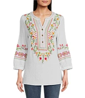 Calessa Embroidered Patchwork Split V-Neck 3/4 Sleeve Tunic