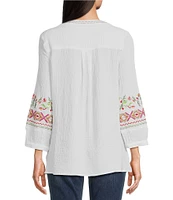 Calessa Embroidered Patchwork Split V-Neck 3/4 Sleeve Tunic