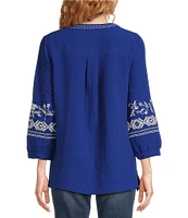 Calessa Embroidered Patchwork Split V-Neck 3/4 Sleeve Tunic