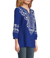 Calessa Embroidered Patchwork Split V-Neck 3/4 Sleeve Tunic