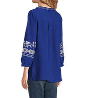 Calessa Embroidered Patchwork Split V-Neck 3/4 Sleeve Tunic