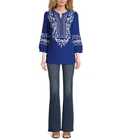 Calessa Embroidered Patchwork Split V-Neck 3/4 Sleeve Tunic