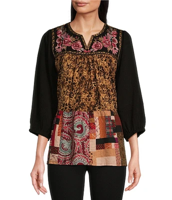 Calessa Embroidered Patchwork Split V-Neck 3/4 Sleeve Tunic Top