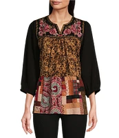 Calessa Embroidered Patchwork Split V-Neck 3/4 Sleeve Tunic Top