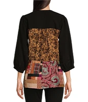 Calessa Embroidered Patchwork Split V-Neck 3/4 Sleeve Tunic Top