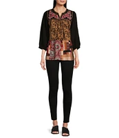 Calessa Embroidered Patchwork Split V-Neck 3/4 Sleeve Tunic Top