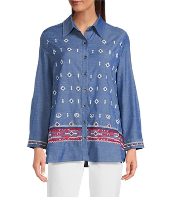 Calessa Embroidered Point Collar Long Roll-Tab Sleeve Button Front Tunic