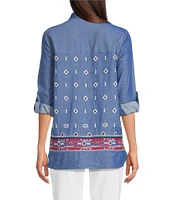 Calessa Embroidered Point Collar Long Roll-Tab Sleeve Button Front Tunic