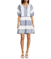 Calessa Embroidered Printed Band Collar Split V-Neck 3/4 Sleeve Shift Dress