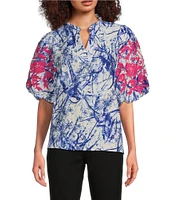 Calessa Embroidered Printed Ruffled Split V-Neck Elbow Length Balloon Sleeve Blouse