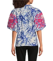 Calessa Embroidered Printed Ruffled Split V-Neck Elbow Length Balloon Sleeve Blouse